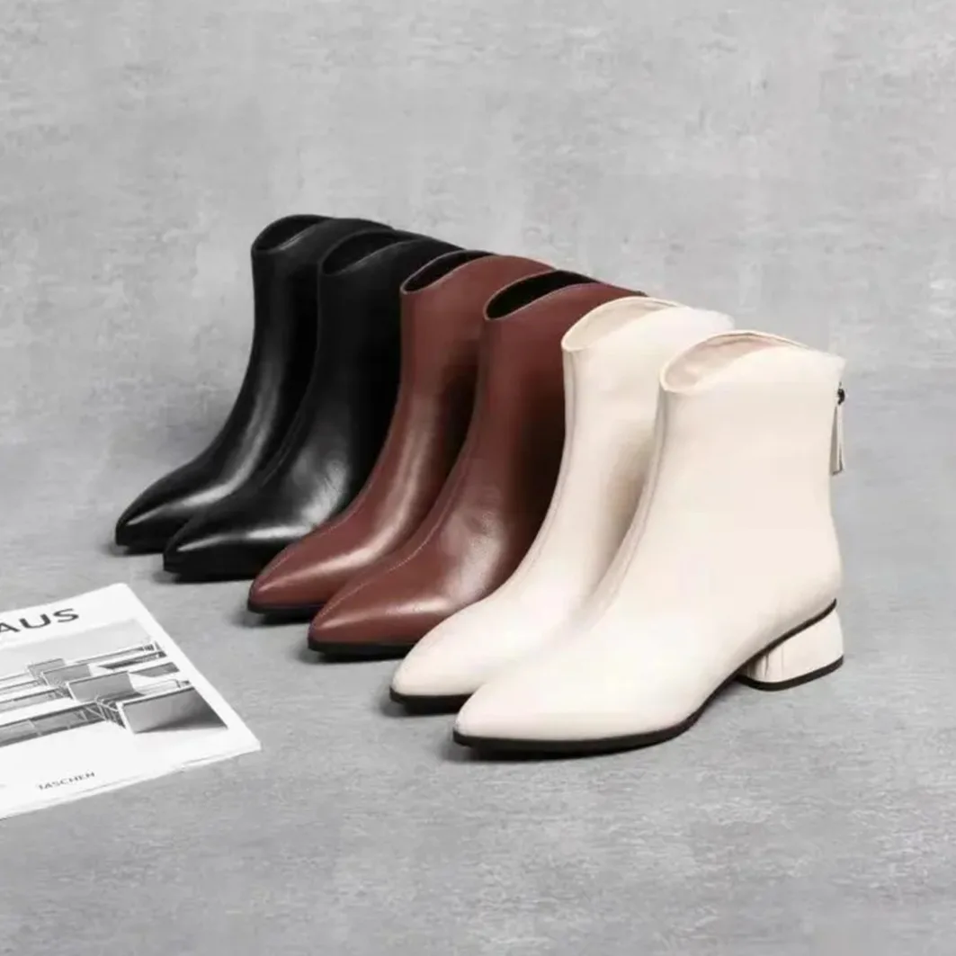 

Брендовая женская обувь, женские ботинки на молнии, мода 2021, резина, средний заостренный носок, черные, элегантные, рок, кожаные, с острым нос...