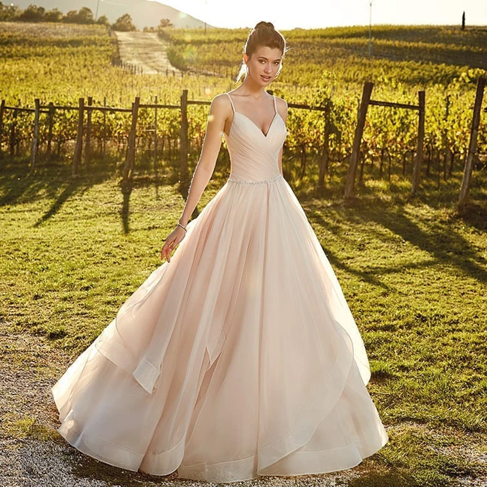 Очаровательный Спагетти ремни бежевый свадебный наряд Раффлед на заказ пышное