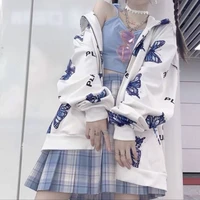 spring and autumn student zipper women sweatshirt jacket white loose korean butterfly print cardigan casual hooded couple tops