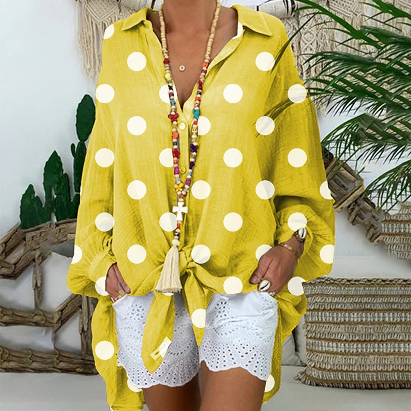 

Women Spring Summer Shirt Polka Dot Printed Lantern Sleeve V Neck Strappy Large Size Loose Shirt Tops for Party Trave TC