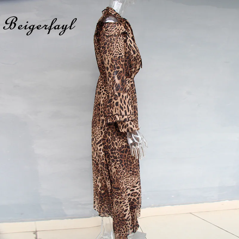 Beigerfayl Leopard Print Chiffon Gepard Dress 2019 Autumn New Fashion Design V Neck Long Sleeve Cheetah Dresses TDR17138 Женская