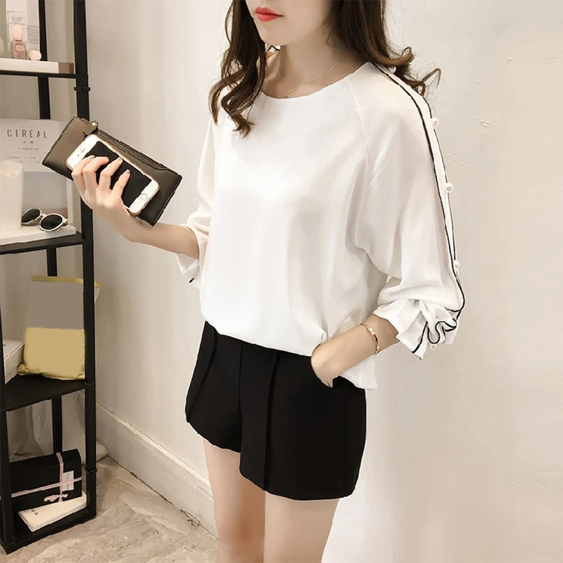 Женская Однотонная рубашка с круглым вырезом расшитая бисером длинным рукавом