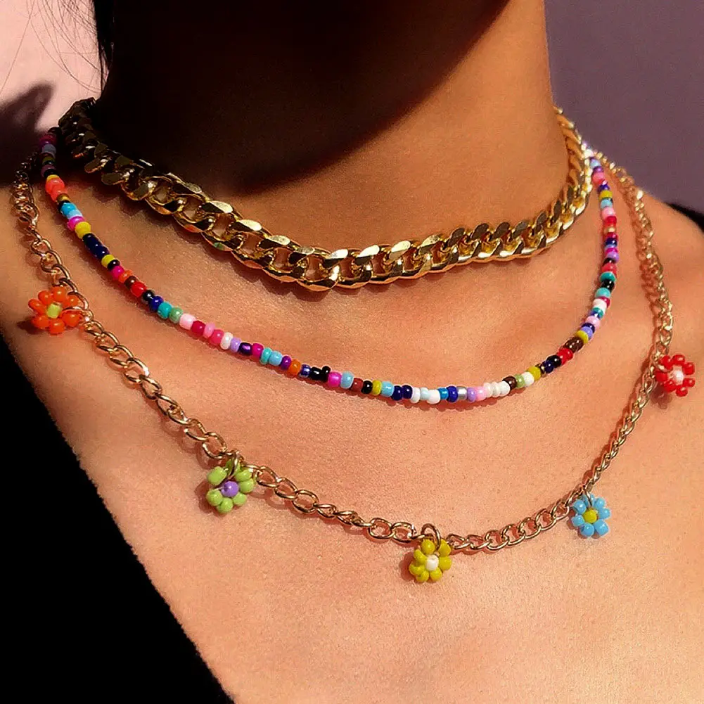 

Boho Multilayer Handmade Beads Flower Necklace For Women Gold Color Metal Chain Choker Necklace Fashion Statement Party Jewelry