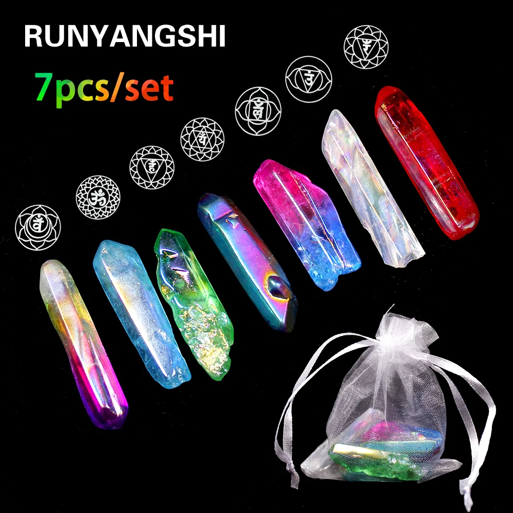 

Natural Chakela Stone Set 7 Colors clear quartz Electroplated Crystal Column Color-plated Unicuspid Ornaments Decoration
