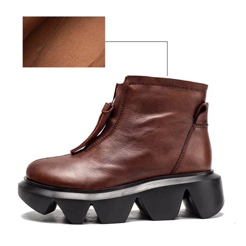 Кожаная женская обувь осенние кожаные ботинки с низким голенищем на толстой
