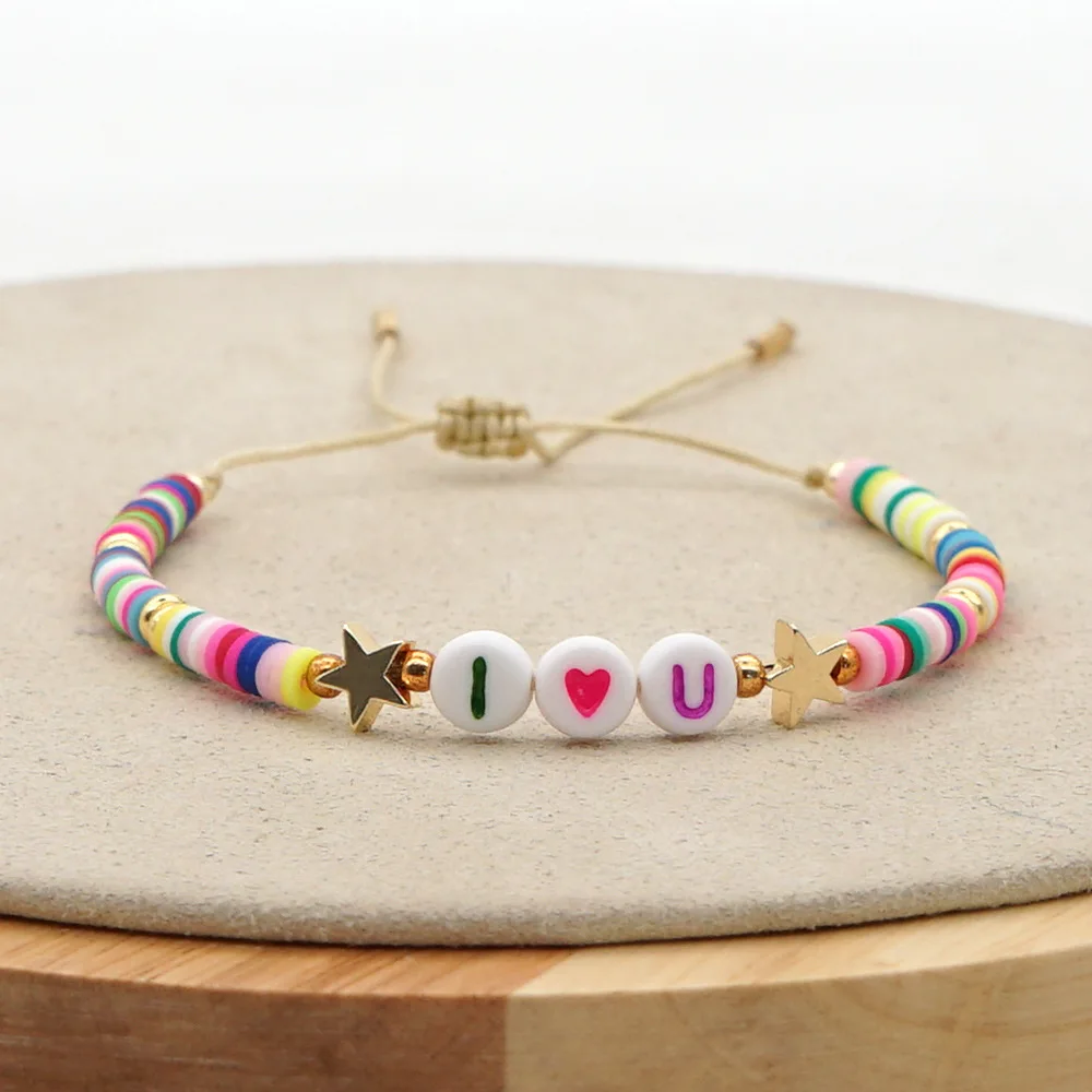 

OSHUER Bohemian African Vinyl Beads Heishi Bracelet Couple Paired Gold LOVE word Polymer Clay Disc Stretch Bracelet Beach Surfer