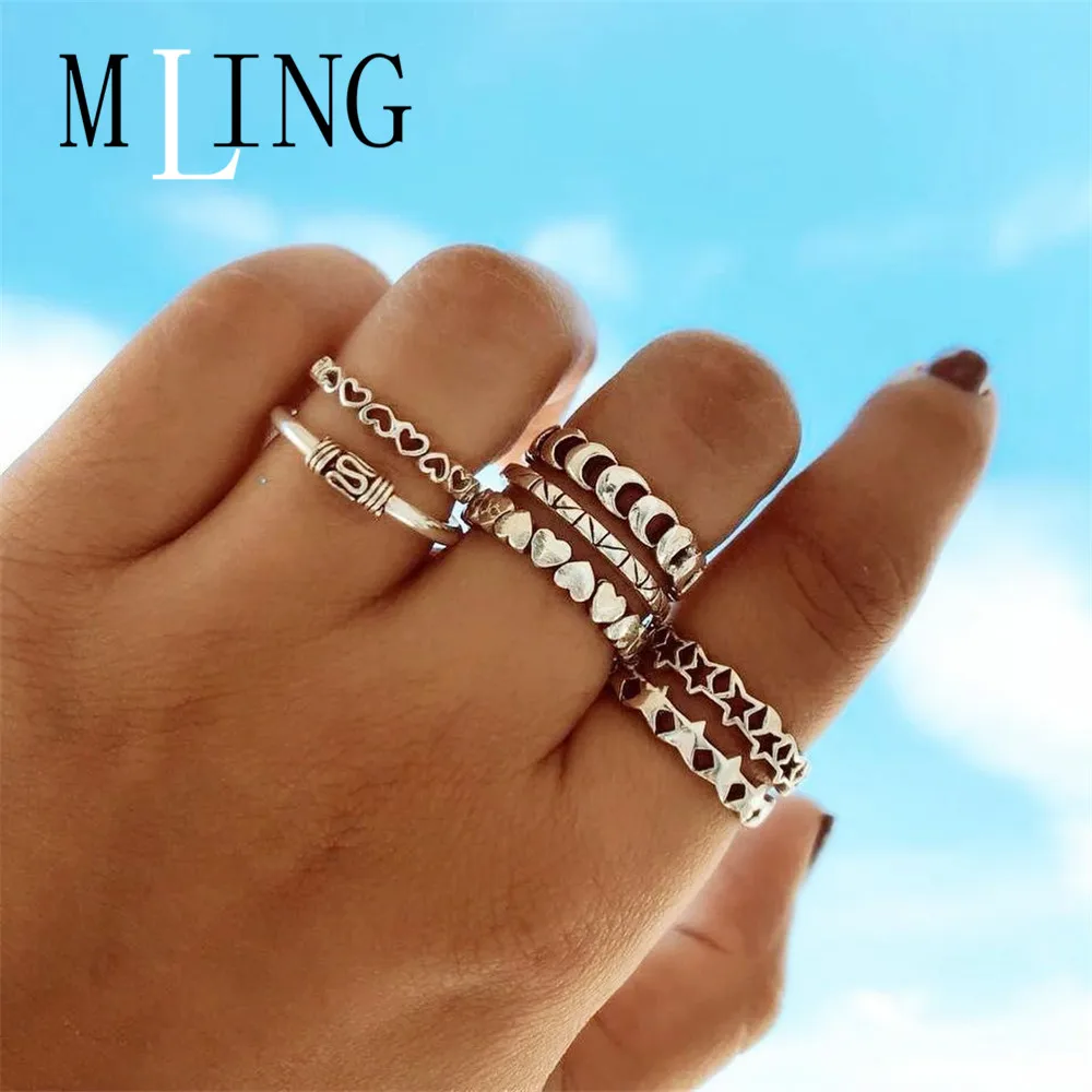 7 шт./компл. Винтажное кольцо из сплава богемное Открытое сердце Луна Звезда