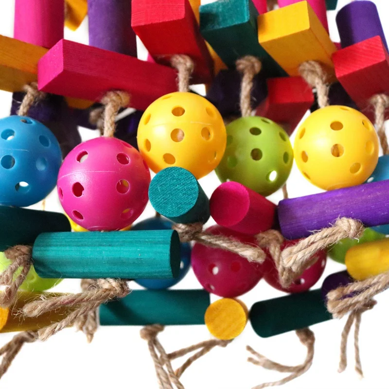 

Large Parrot Chewing Toy Multicolored Wooden Blocks And Natural Loofah Heavy Duty Bite Bird Toys For African Grey Macaws Large M