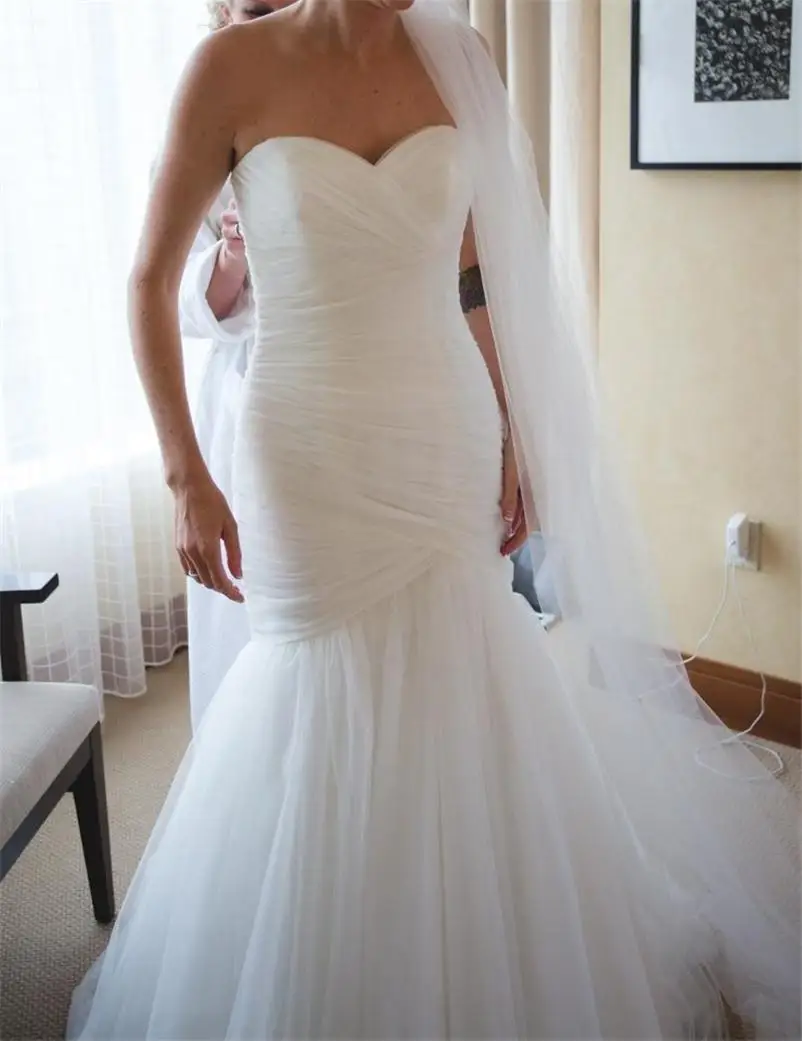 2020 Simple Pleats Tulle Mermaid Wedding Dresses Sweetheart Strapless Garden Chapel Bridal Gowns White Ivory Long Bride Dress | Свадьбы и