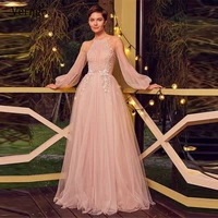 verngo elegant blush pink a line tulle prom dresses puff long sleeves sheer neck floor length 2021 evening gowns for engagement