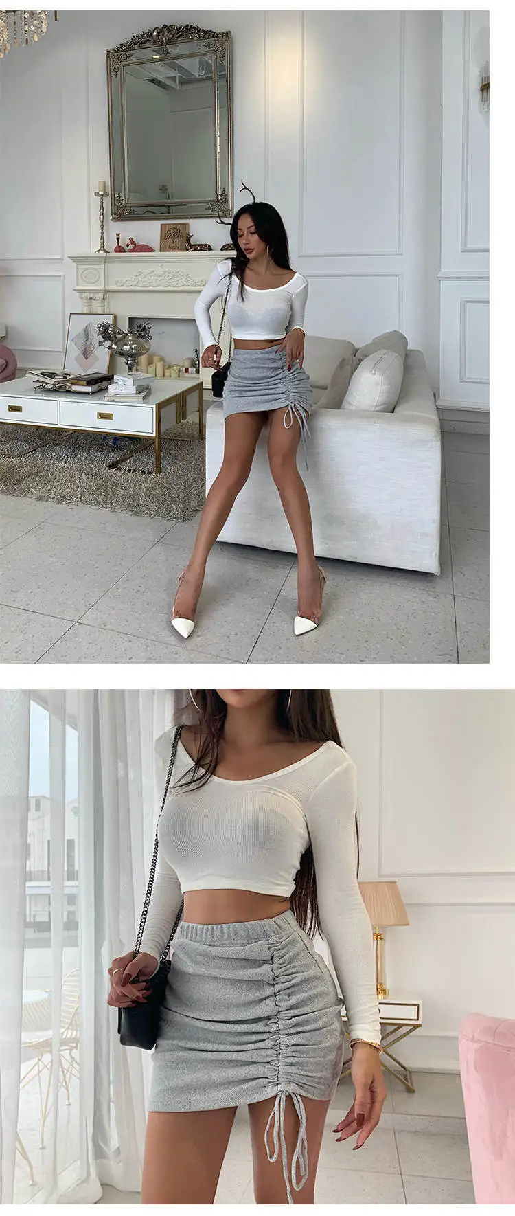 XIBANI Sexy low chest open back top women long sleeve tight bottoming shirt autumn shining nightclub clothing women short black