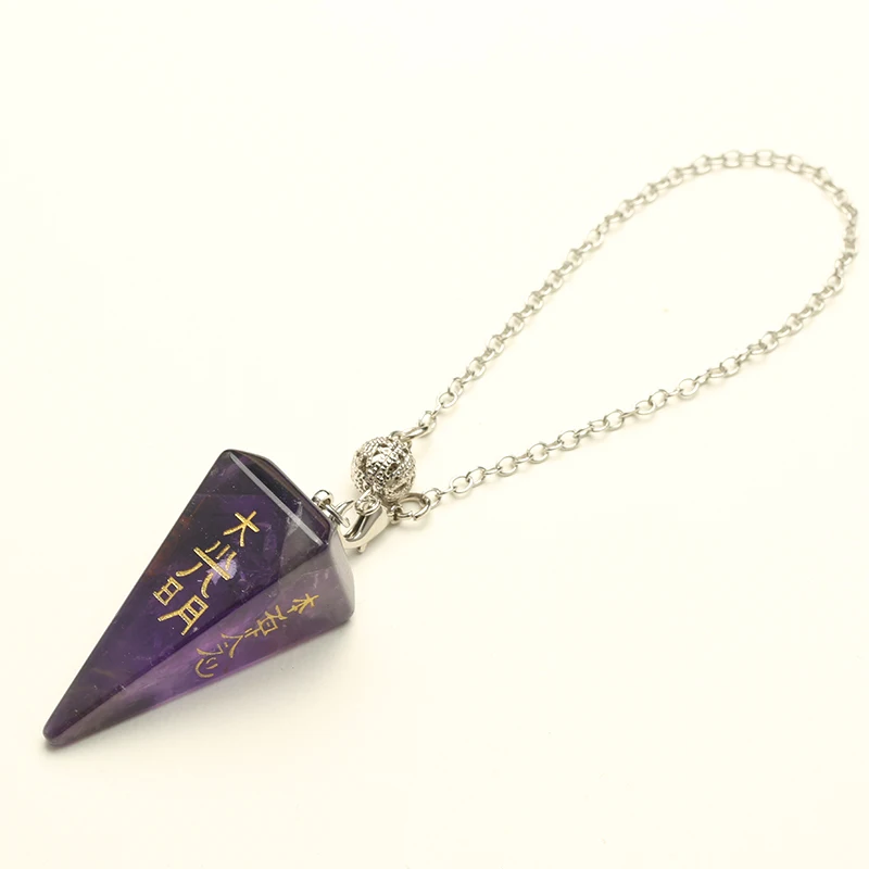 amethyst Природный обсидиан символ Пирамида с резьбой подвеска в виде каменного маятника для биолокации рейки амулет кварцевый кристалл Маятник Гадание инструмент - Окраска металла: amethyst