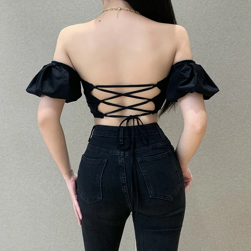 

LALUMAI women's sexy top 2021 summer bubble sleeve sexy one line shoulder navel strap solid color top bottoming Small camisole