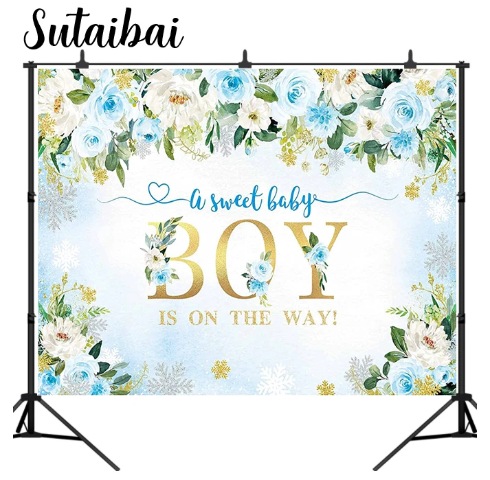 

Boy Floral Baby Shower Party Backdrop Blush Blue Flower Glitter Snowflake Banner Decoration Winter It's A Boy Baby Shower