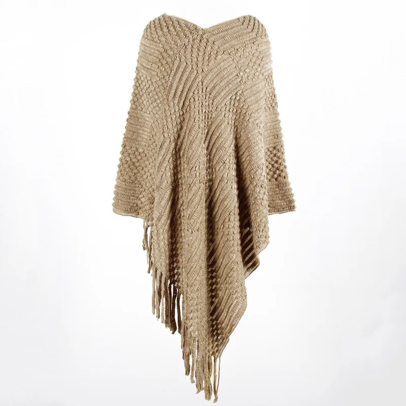 

Женский осенне-зимний свитер, накидка, женский модный вязаный пуловер с V-образным вырезом и бахромой, свитеры, плащ, шаль с помпоном, новинка...