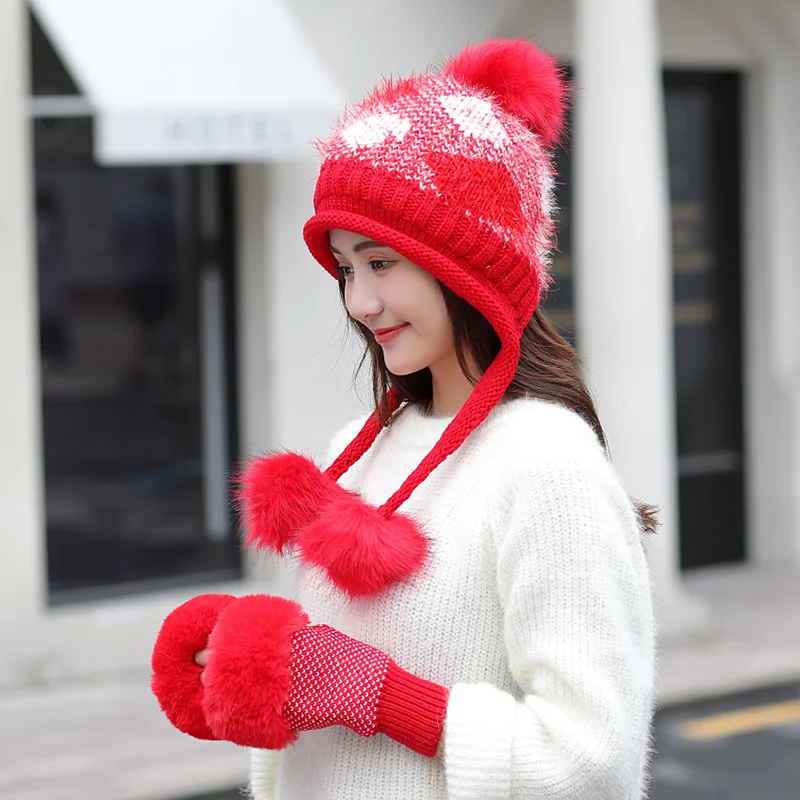 Новинка 2019 женская вязаная шапка и перчатки из кроличьего меха толстые теплые