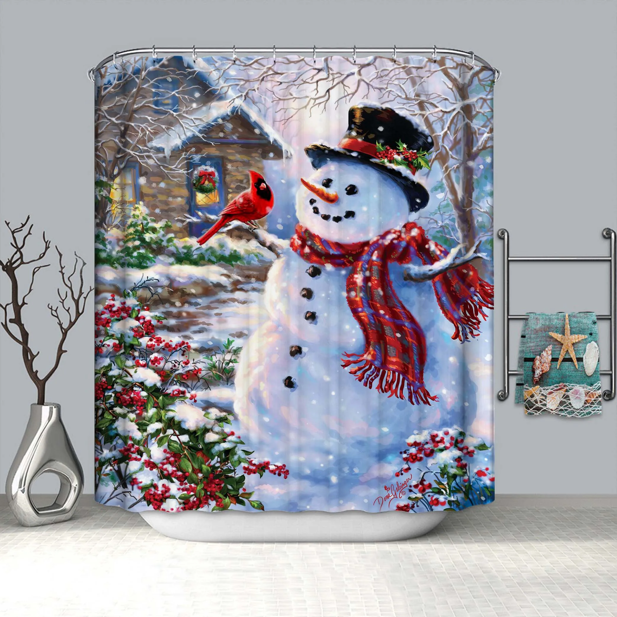 

Christmas Shower Curtain Multi Sizes Waterproof Washable Polyester Snowy Xmas Santa Claus Bathroom Decor Set with 12 Hooks
