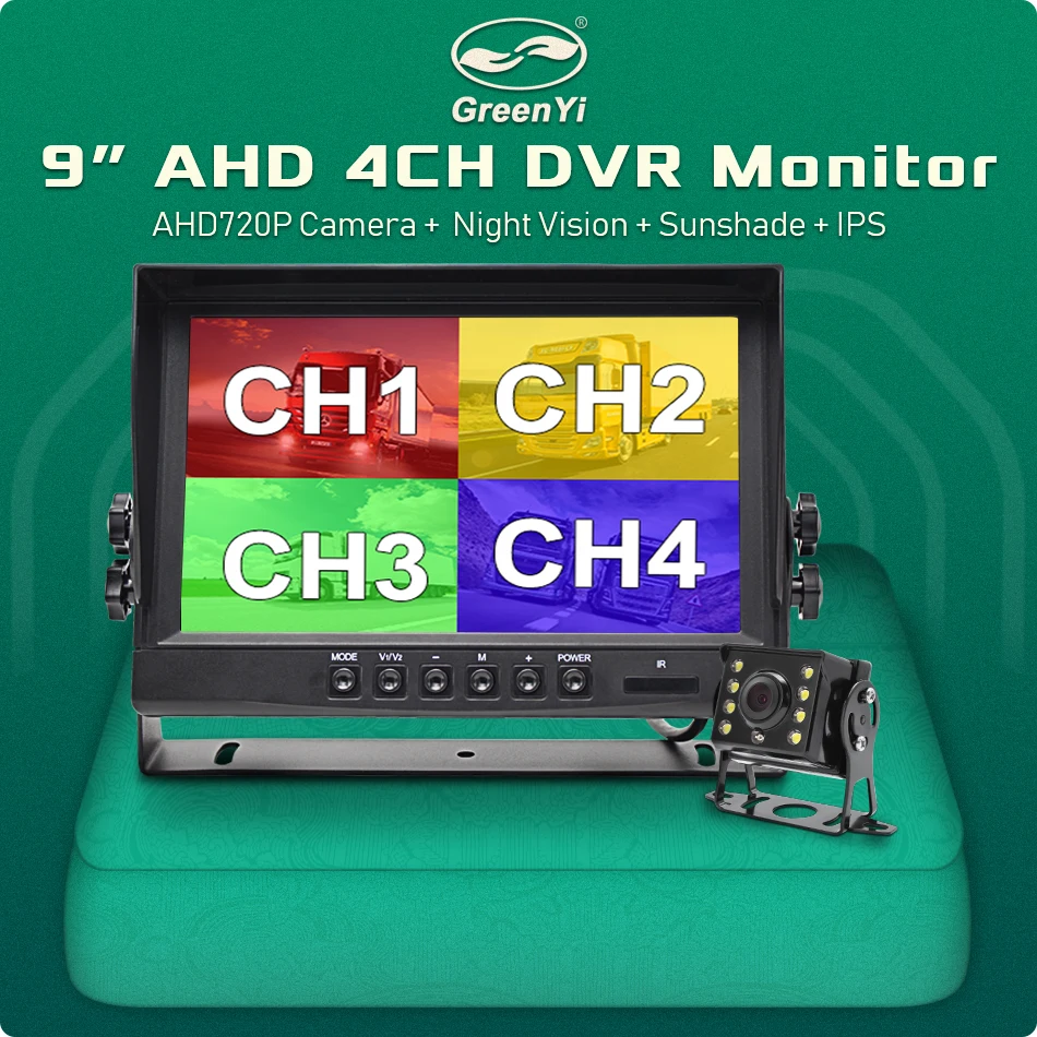 GreenYi 9 дюймов 4CH AHD Регистраторы DVR автомобильный монитор грузовой автомобиль