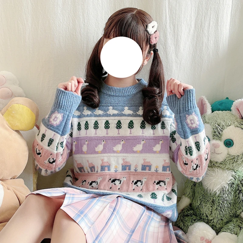 

Sweet Little Fresh and Thick Hedging Autumn and Winter Forest Female Students Wear Cute Gradient Printed Knitted Sweater