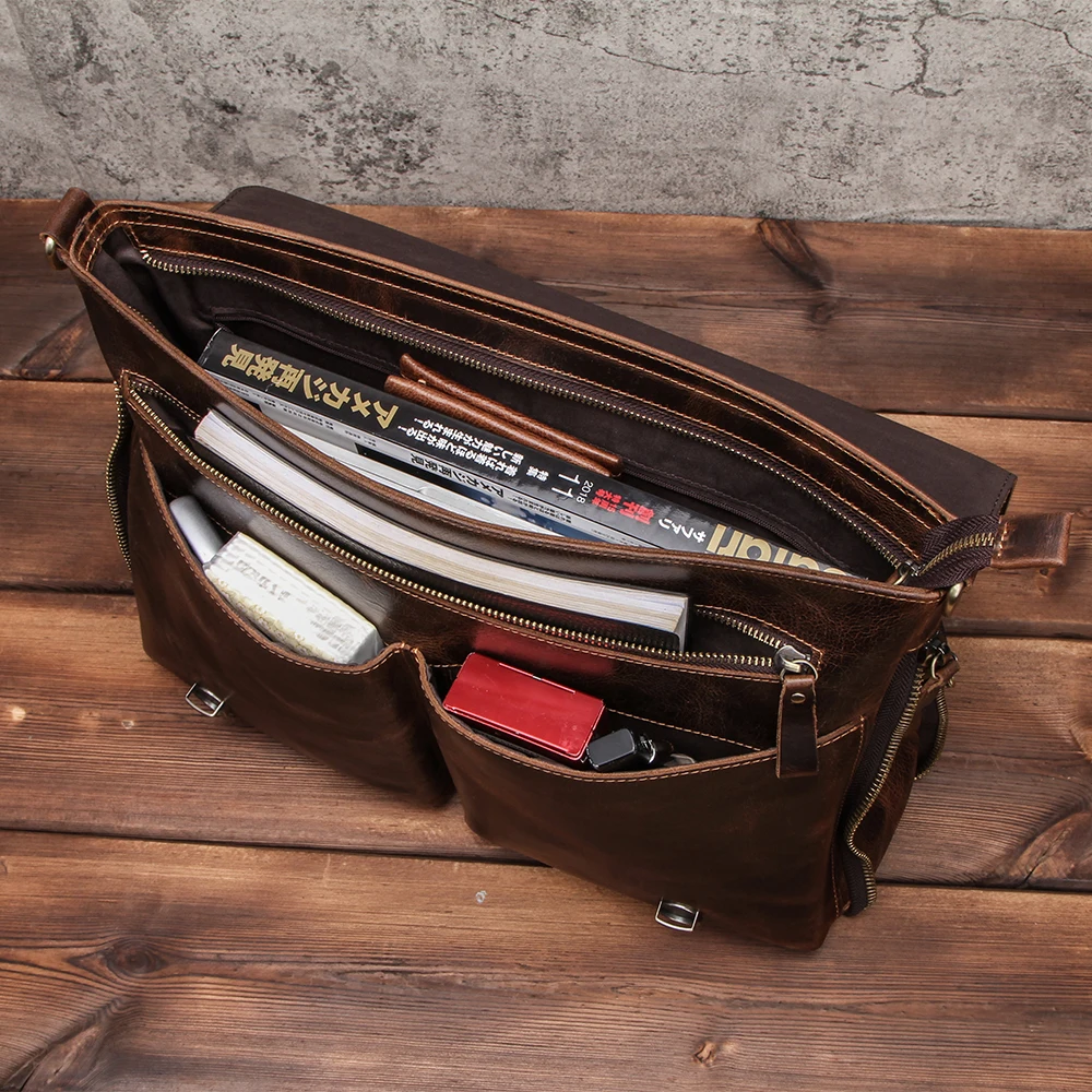 Men Briefcase Genuine Leather Laptop Bag Macbook Pro 14