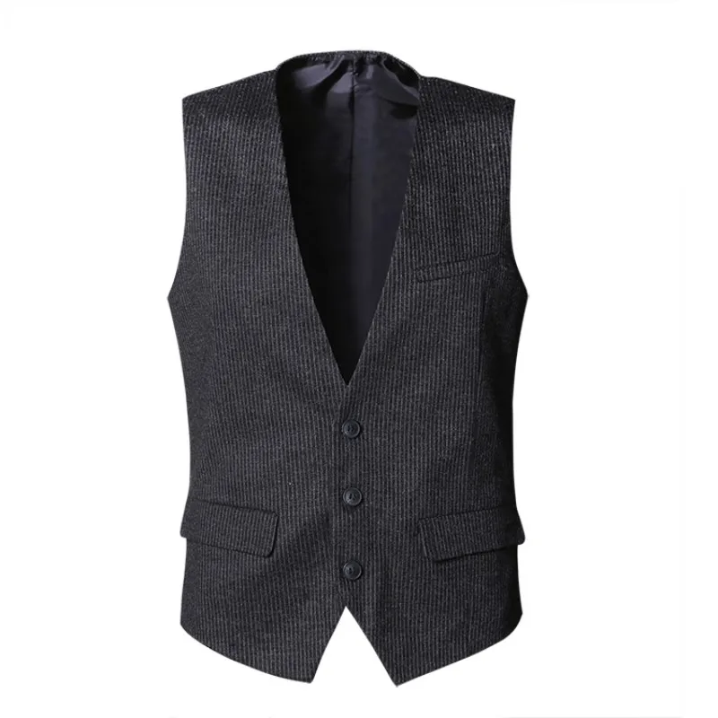 

Spring New Men Business Casual Striped Vest V-Neck Single Breasted Sleeveless Suit Jacket Gray Slim Short Waistcoat Male S M