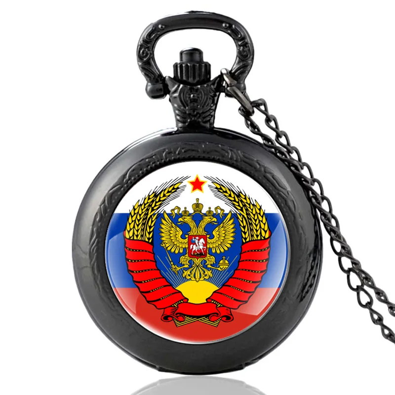

Russian National Emblem Two-Headed Eagle Design Black Vintage Quartz Pocket Watch Men Women Pendant Necklace Hours Clock Gifts