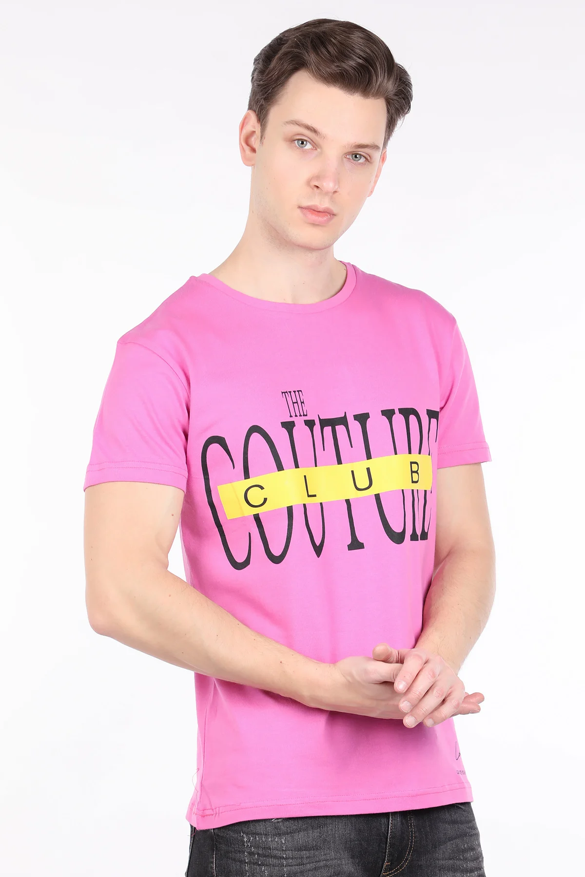 

Male Pink Couture Printed Bicycle Neck T-shirt