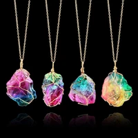 rainbow natural stone crystal quartz chakra rock pendant necklace christmas gift for women best friends new fashion jewelry