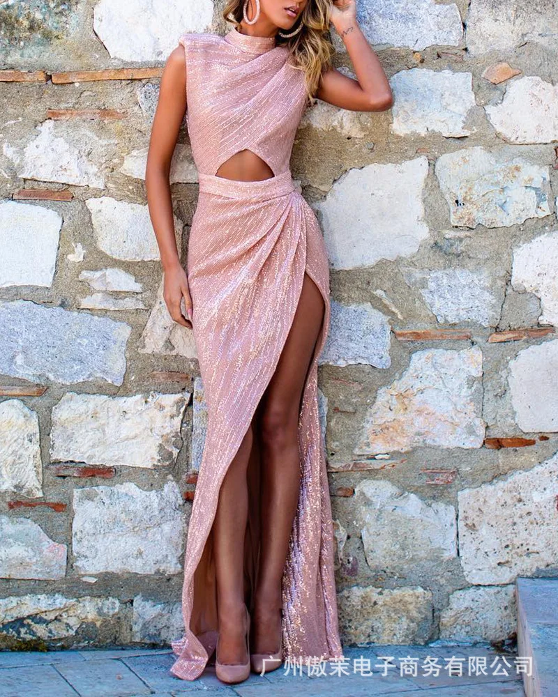 

Pink Turtleneck High Slit Sleeveless Sequined Dress Women summer 2021 New fashion sexy cut out dresses