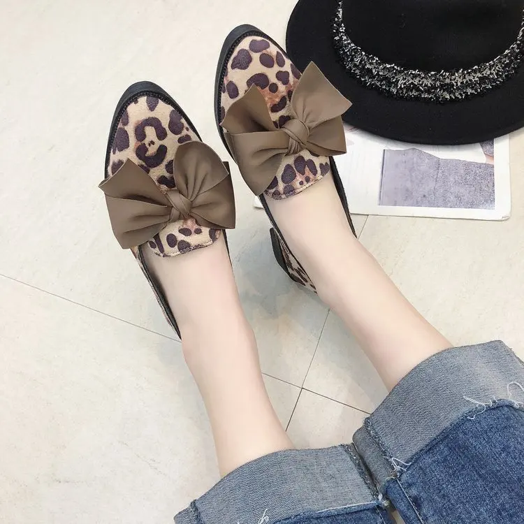 

2019 Flats Casual Shoes Women Bowknot Loafers Sexy Leopard Oxford Slip On Moccasins Female Suede Leather Footwear YYJ124