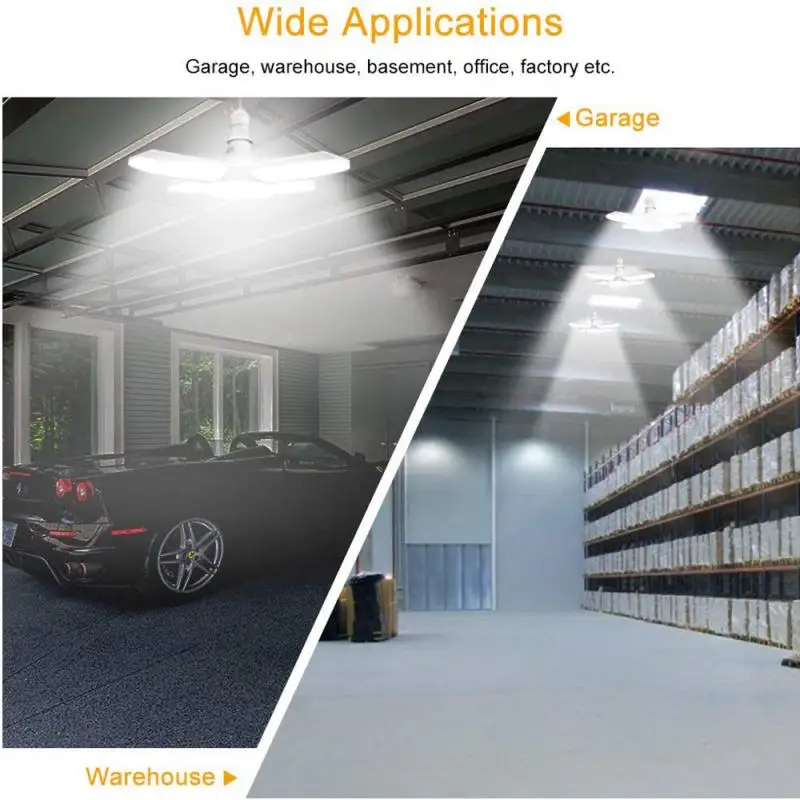 

38W Garage Lights Led Bulb Foldable Fan Blade Angle Adjustable Led Lamp E27 Ceiling Fan LampadaFor Home Garage Led Light 220V