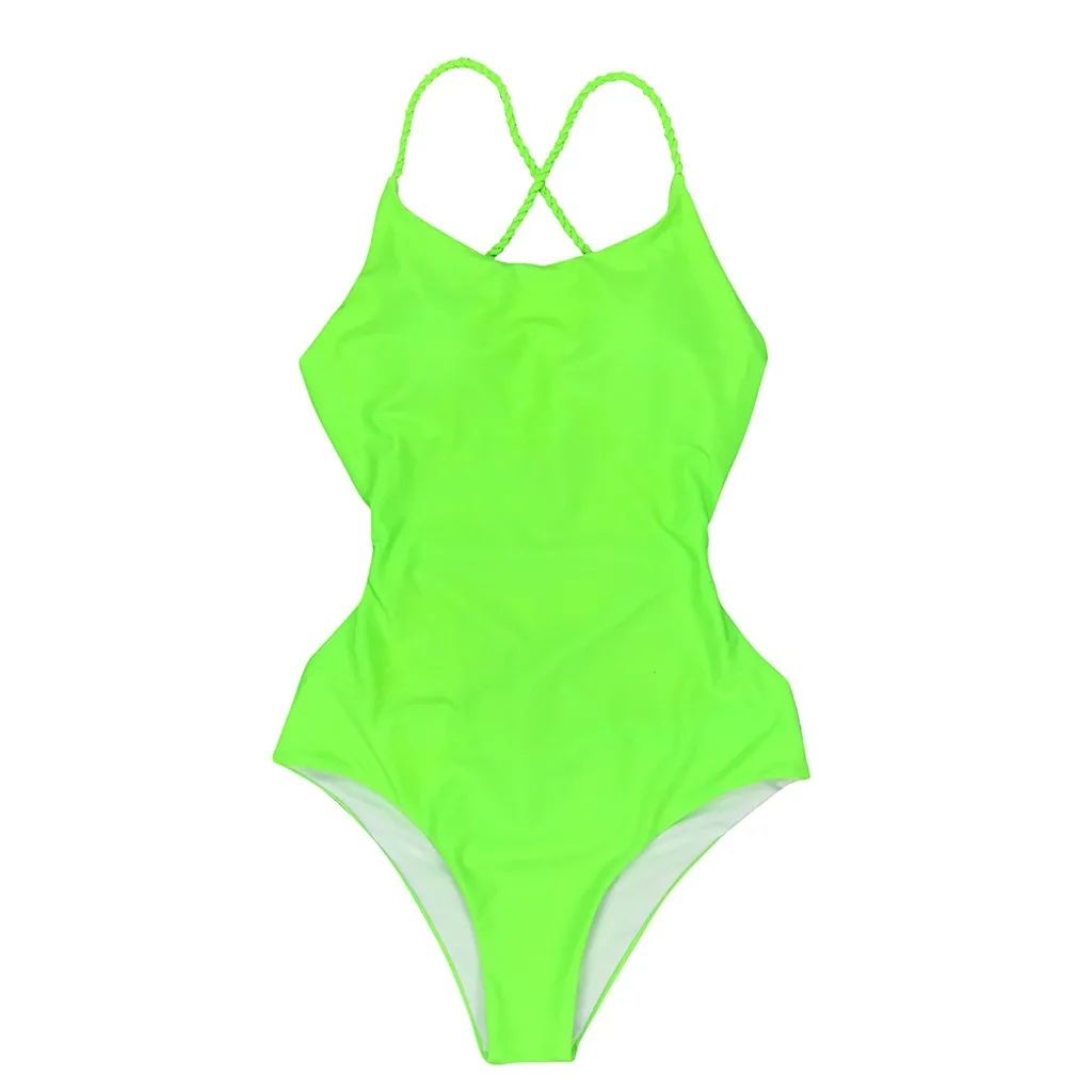 Женский слитный купальник с перекрестной шнуровкой однотонное зеленое и розовое