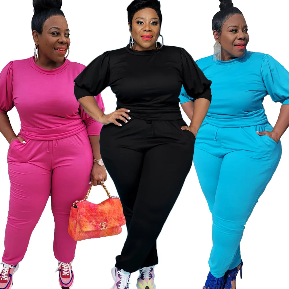 

Autumn Plus Size Women's Clothing 4xl Round Neck Solid Color Puff Sleeve Pocket Casual Pants Suit Fashion Wholesale Dropshipping
