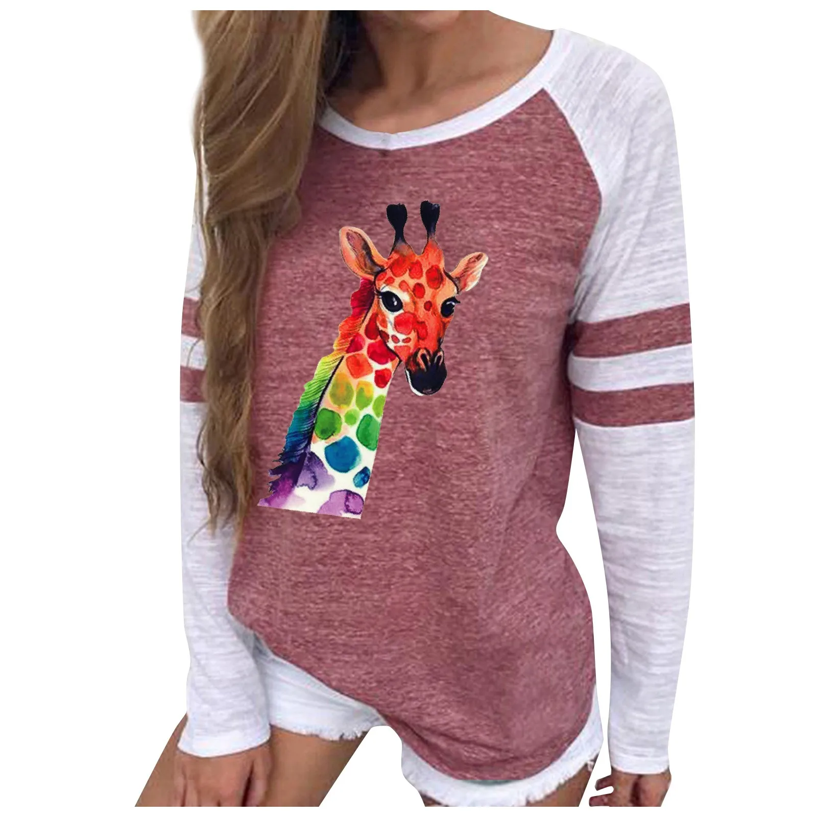 Новая женская цветная одежда с принтом жирафа Длинные рукава Повседневный