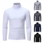 Осень-зима, новые мужские однотонные футболки с высоким воротником, Мужские приталенные футболки с длинным рукавом, черные, белые мужские футболки, топы M-2xl