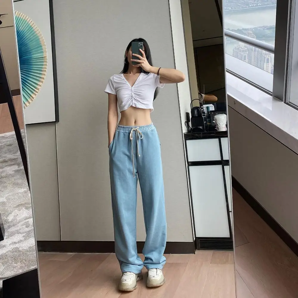 Повседневные спортивные брюки в Корейском стиле однотонные длинные с завышенной