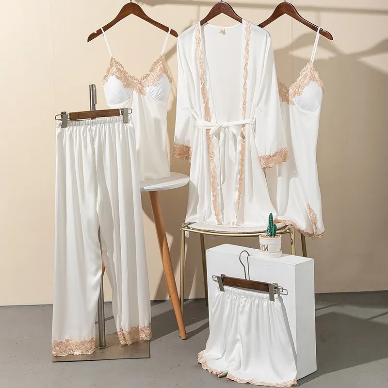 

Spring Autumn Pajamas Set Women Sexy Five Piece Suit Sleepwear Kimono Bathrobe Faux Silk Lace Trim White Wedding Robe Homewear