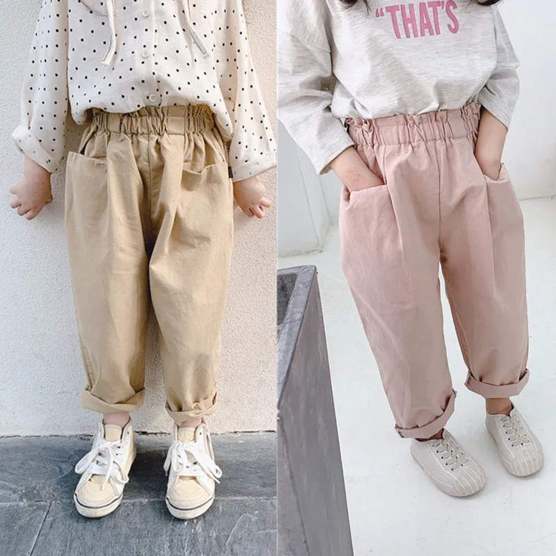 

Spring korean style girls pants 2020 Elastic Ruffle Waist Belted Khaki Baggy Trousers Elegant Pants kids cotton pockets trousers