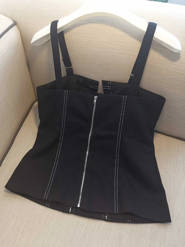 

Free shipping tight bow diamond buckle bright line decoration black denim camisole ladies summer new backless hollow sexy vest