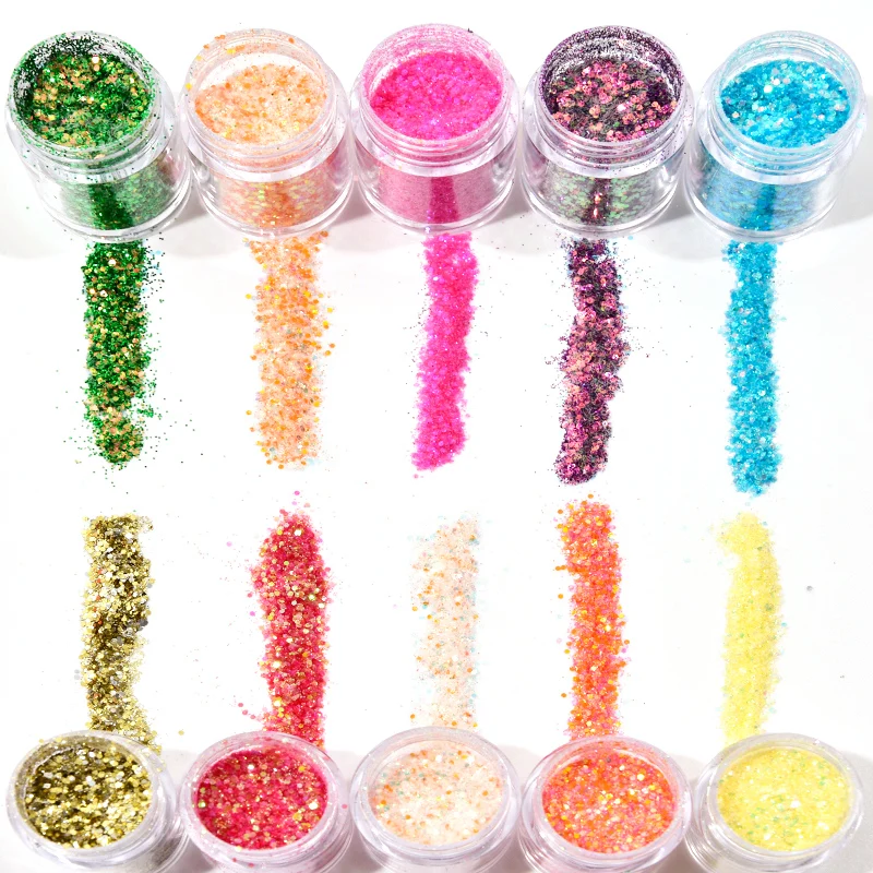 

10 ml/Jar Mix Size Hexagons Nail Sequins 3D Glitter Mermaid Chunky Flakes Manicure Pigment Powders 10Colors Nail Decoration Tips
