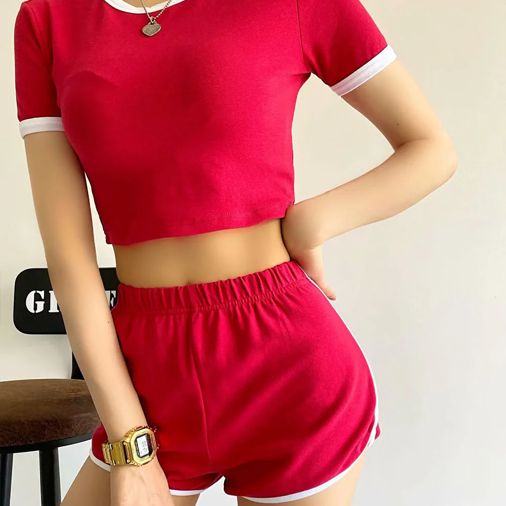 

2021 Women's Summer O-neck Short Sleeve Shorts Homewear Hit the color sports Fashion Elastic Waist Stylish Streetwear Sets
