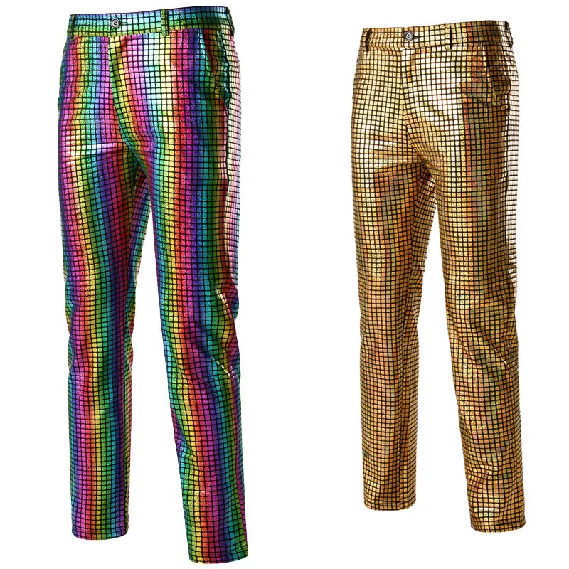 Shiny Gold Rainbow Sequin Plaid Trousers Men Disco Nightclub Stage Prom Bling Pants Men Christmas Party Dancer Singer Costume