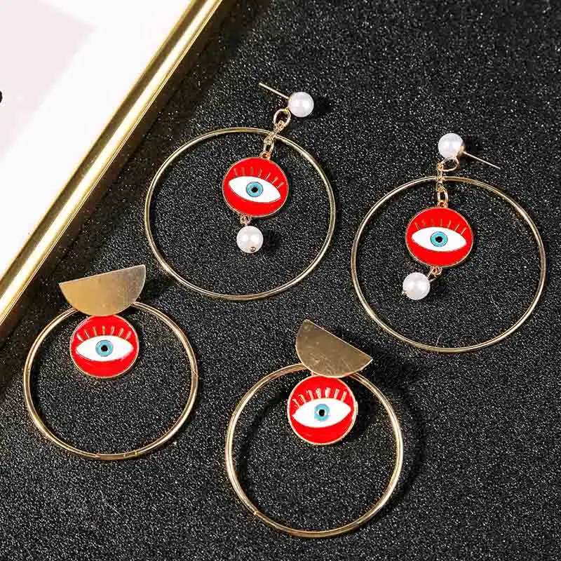 Statement Red Enamel Evil Eye Earrings For Women 2020 Fashion Gold Round Circle Handmade Pearl Drop Earring Party Jewelry | Украшения и