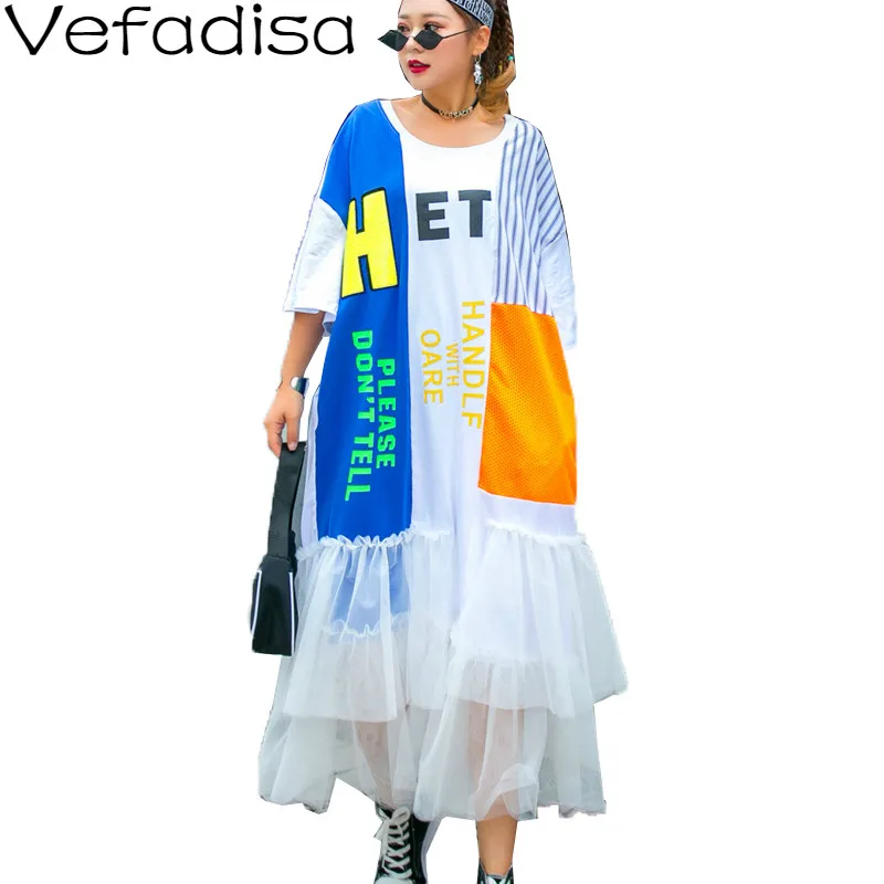 Платье футболка Vefadisa размера плюс Сетчатое лоскутное платье с буквенным принтом