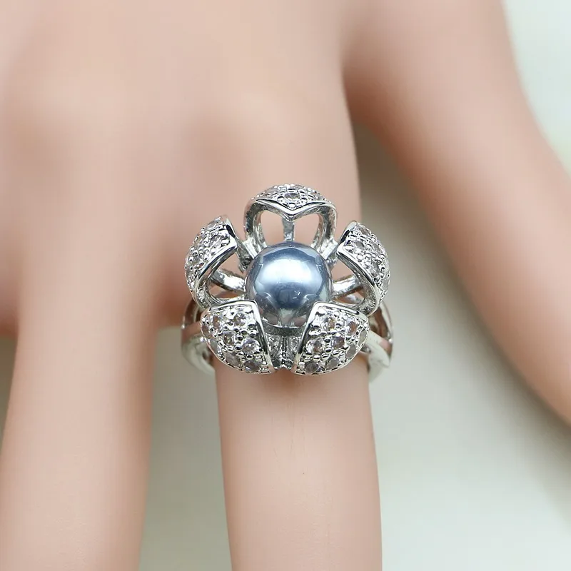 Серебряные ювелирные изделия в виде цветка 925 пробы серый жемчуг белый циркон