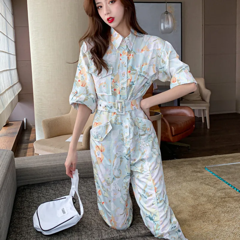 

Summer Fashion Casual Print Holiday Rompers Playsuits Vintage Loose Office Lady Jumpsuit Women Beach Overalls Combinaison Femme