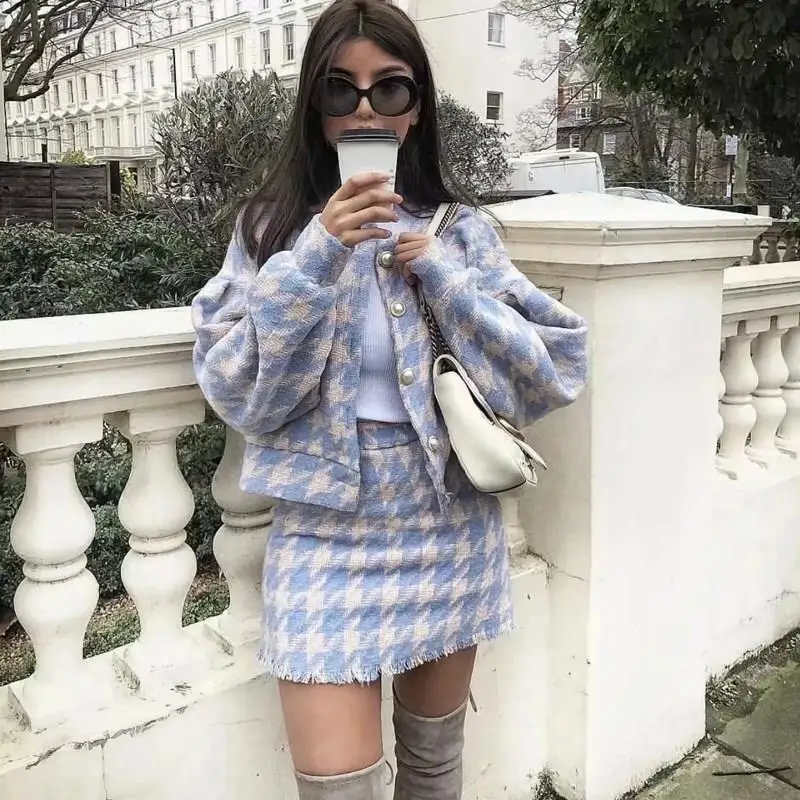 Женский элегантный шерстяной клетчатый комплект из двух предметов однобортный