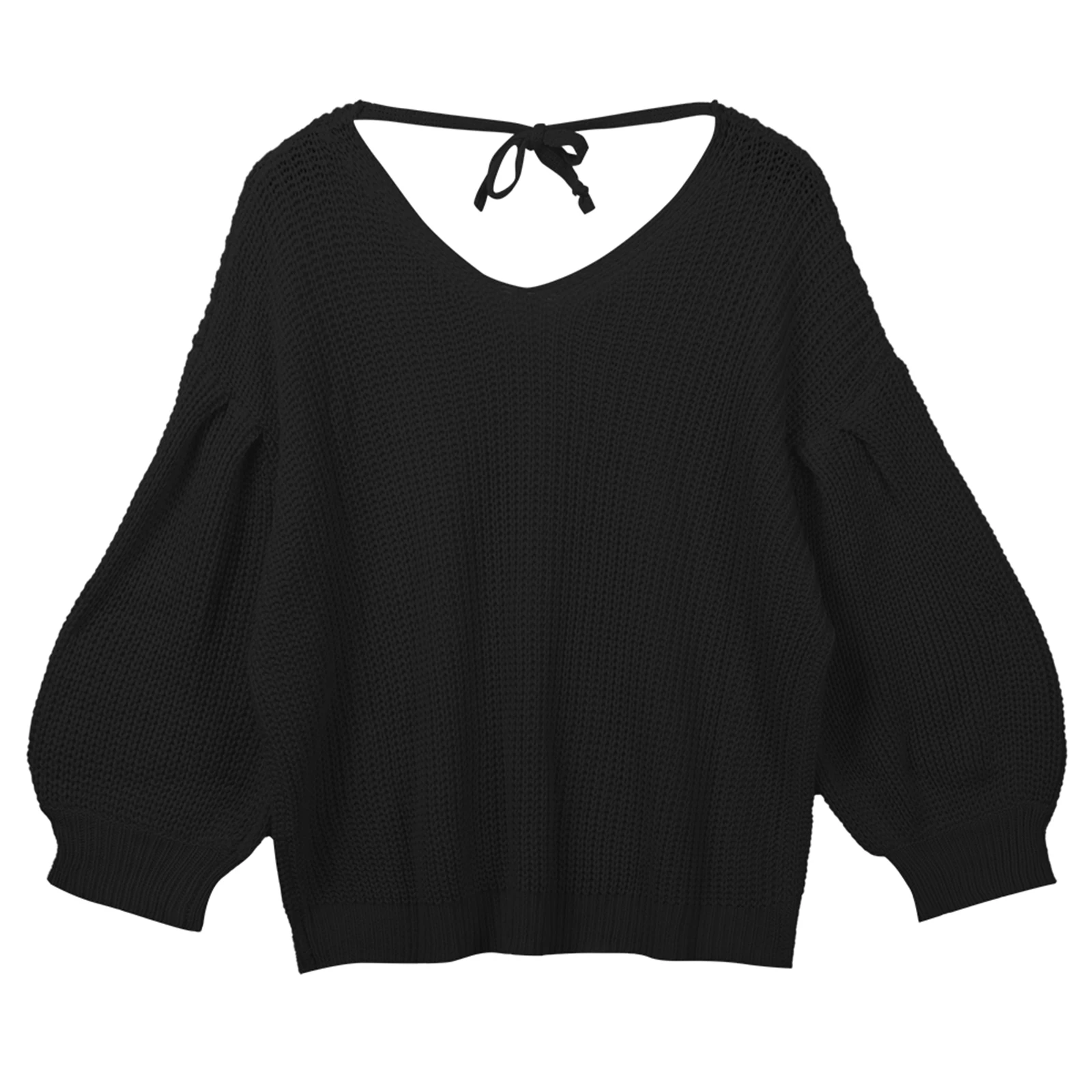 

Women sweater Lantern Sleeve V-neck Tops Backless Solid Color Top s Fashion Knitwear for Ladies Lace-up decoration comfortable