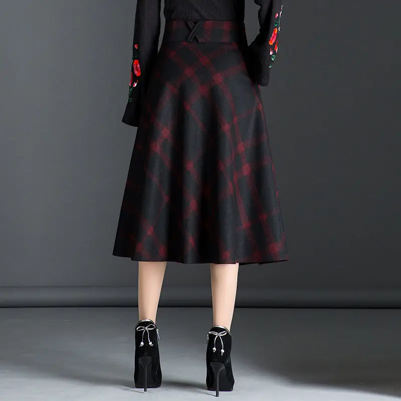 Англия Стиль Черный Красный клетчатая высокая талия миди юбки шерстяные плюс