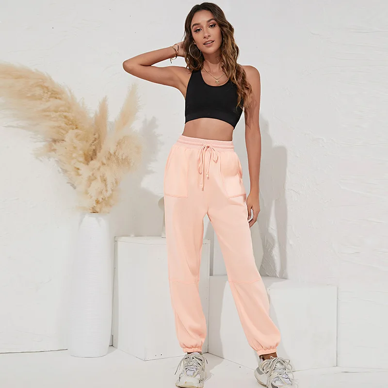 

Autumn Winter New High Waist Simple Casual Sport Trousers Fashion Korean Women Solid Color Pocket Drawstring Cargo Pants Female